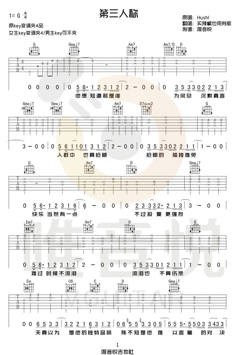 《第三人称吉他谱》_买辣椒也用券_G调_吉他图片谱4张 图1