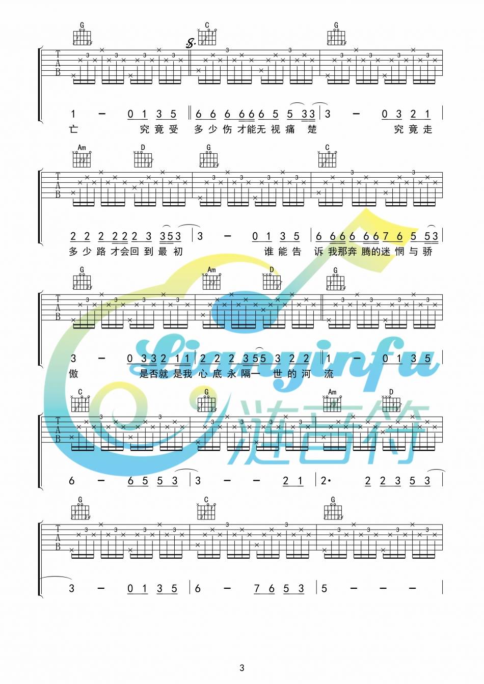 《河流吉他谱》_汪峰_G调_吉他图片谱4张 图3