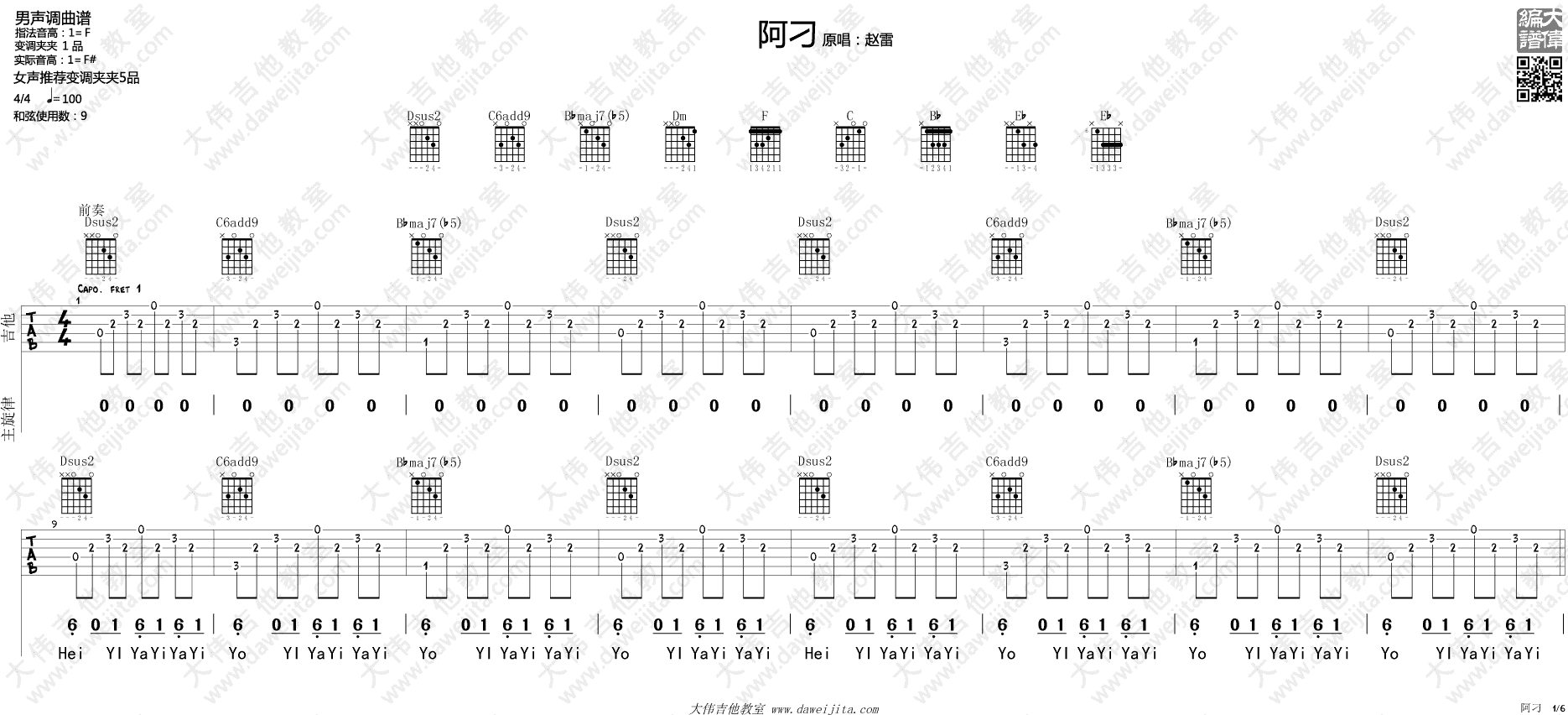 《阿刁吉他谱》_张韶涵_X调_吉他图片谱6张 图1