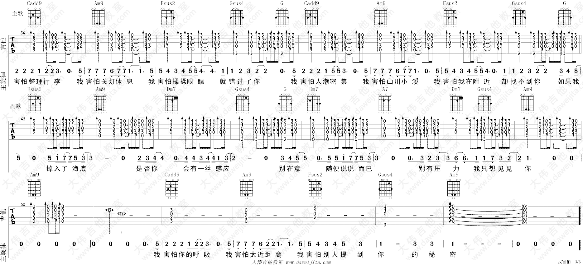 《我害怕吉他谱》_薛之谦_C调_吉他图片谱3张 图3