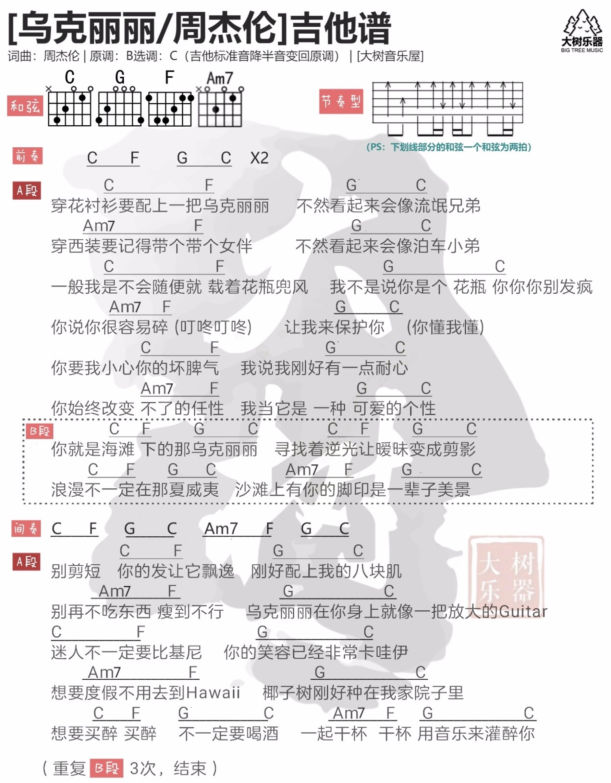 《乌克丽丽吉他谱》_周杰伦_C调_吉他图片谱1张 图1