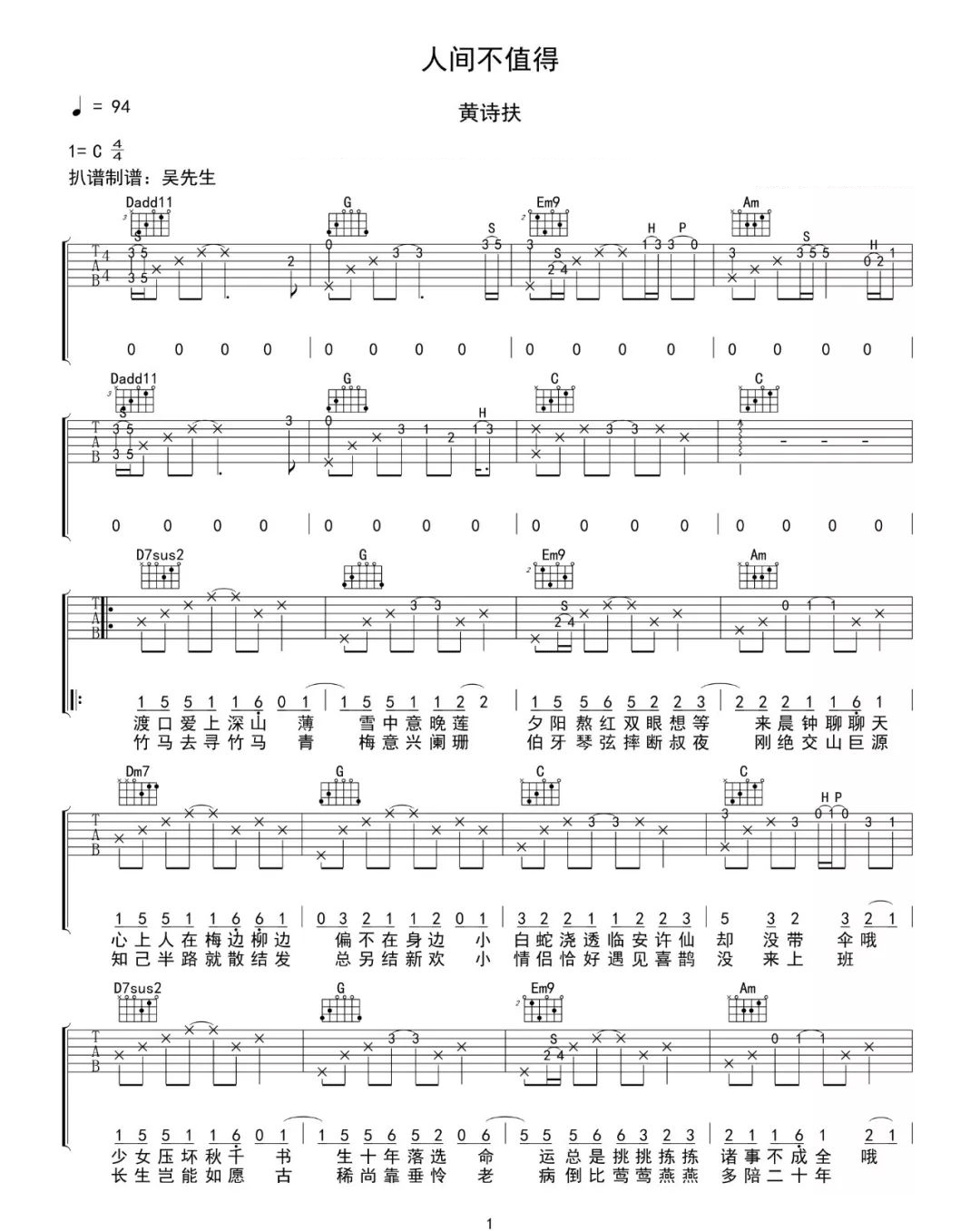 《人间不值得吉他谱》_黄诗扶_C调_吉他图片谱4张 图1