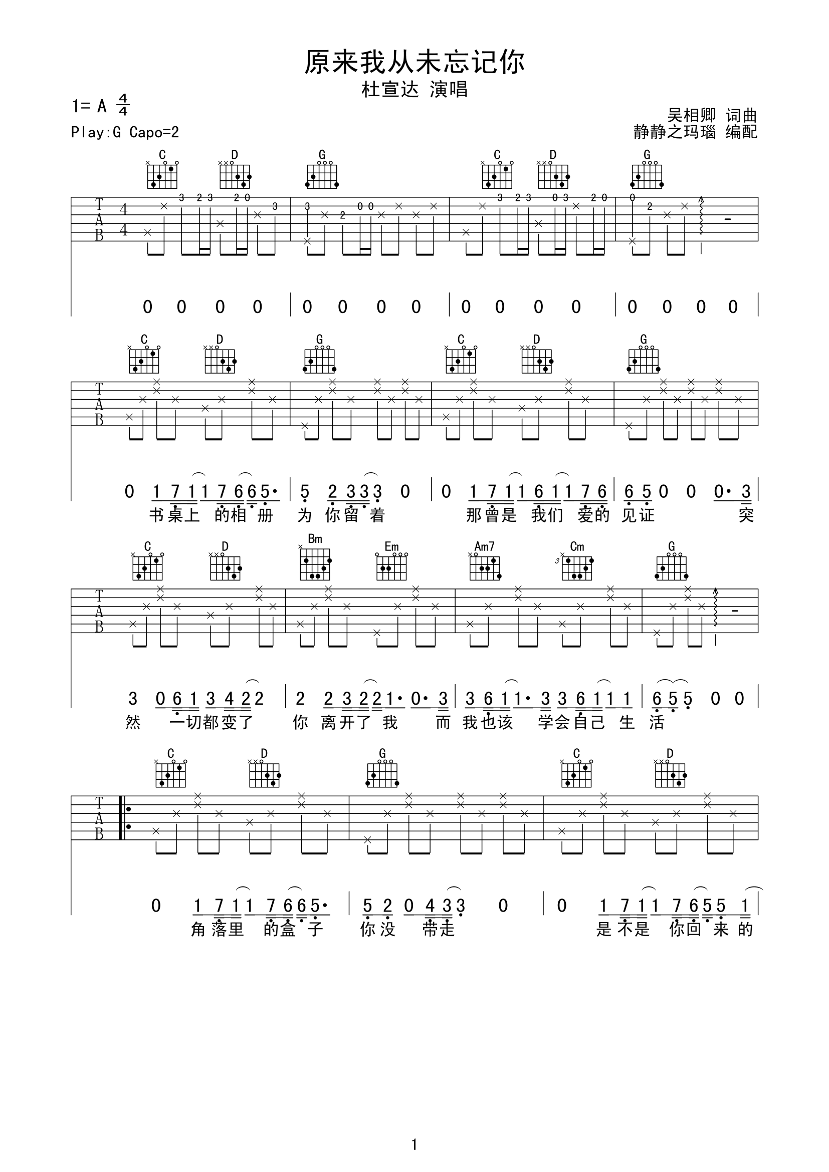 《原来我从未忘记你吉他谱》__G调_吉他图片谱2张 图1