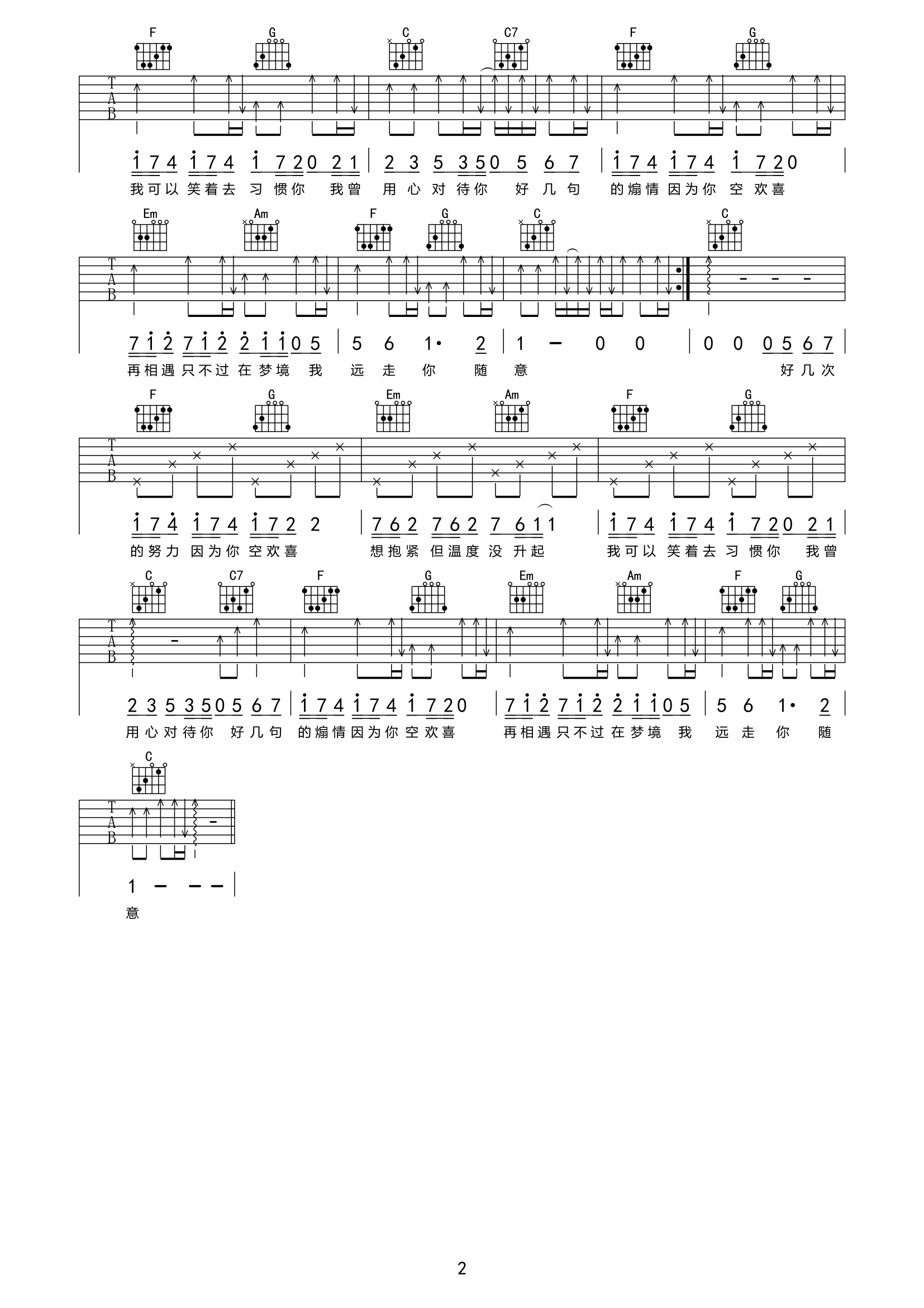 《空欢喜吉他谱》_王靖雯不胖_C调_吉他图片谱2张 图2