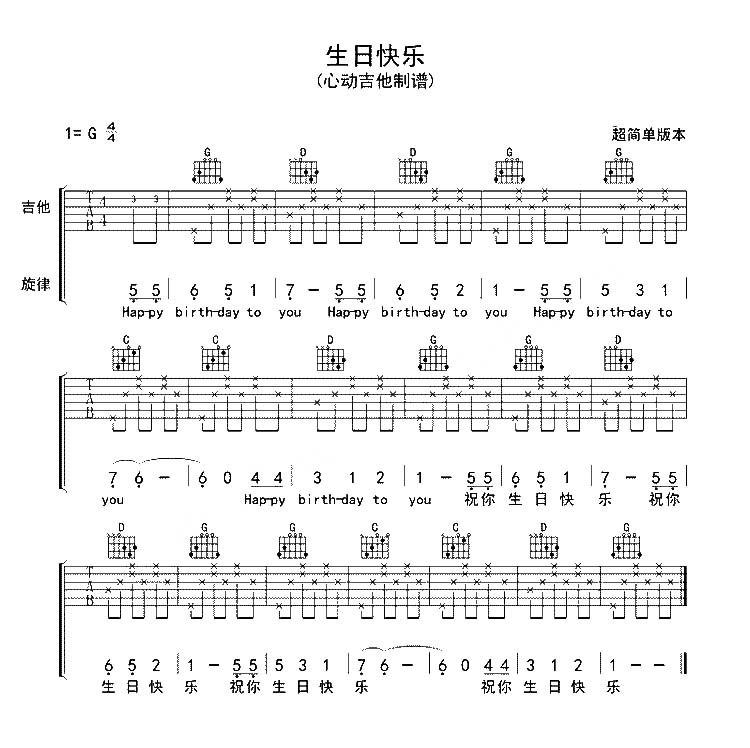 《生日快乐吉他谱》__G调_吉他图片谱1张 图1