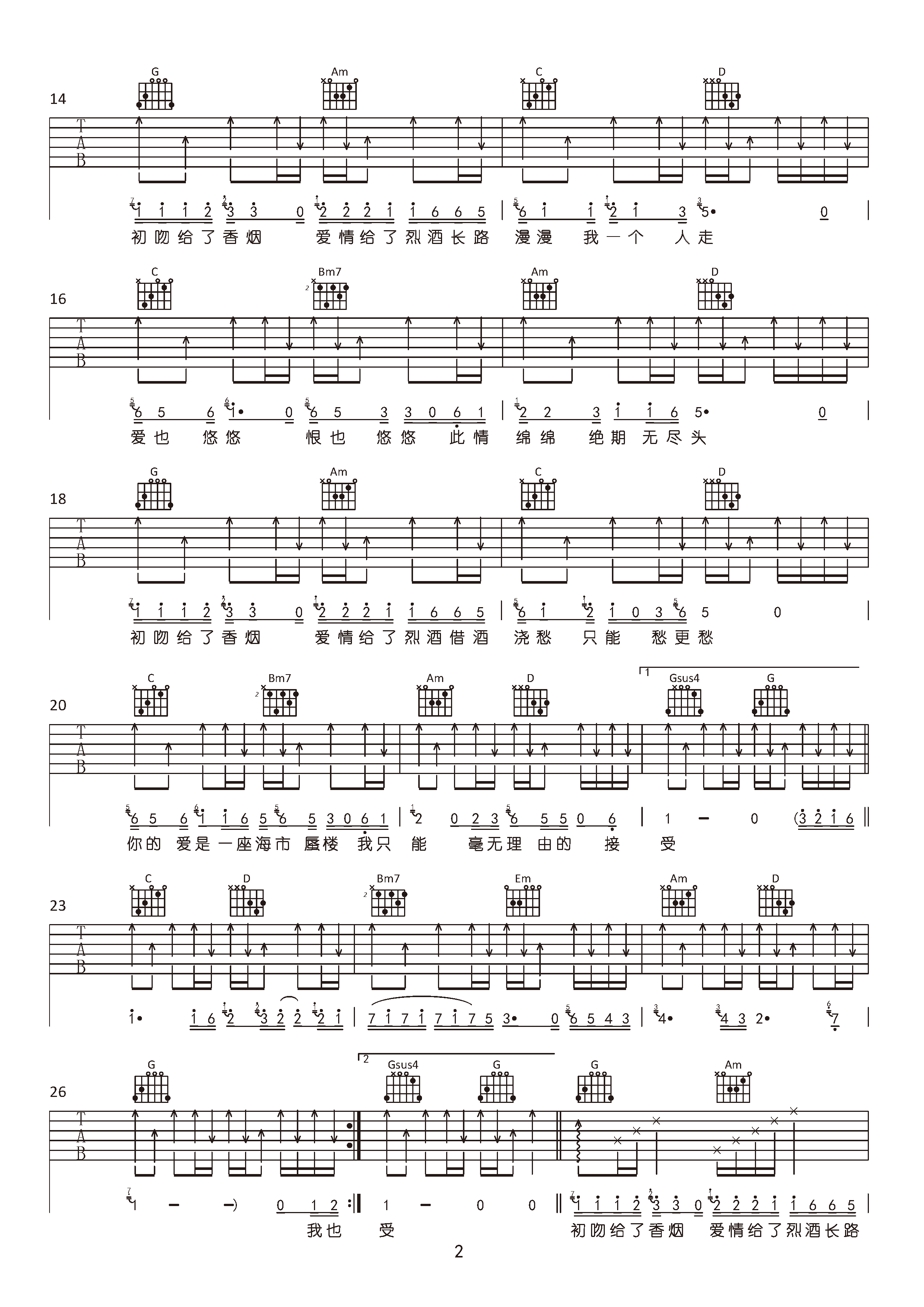 《初吻给了香烟爱情给了烈酒吉他谱》__G调_吉他图片谱2张 图2