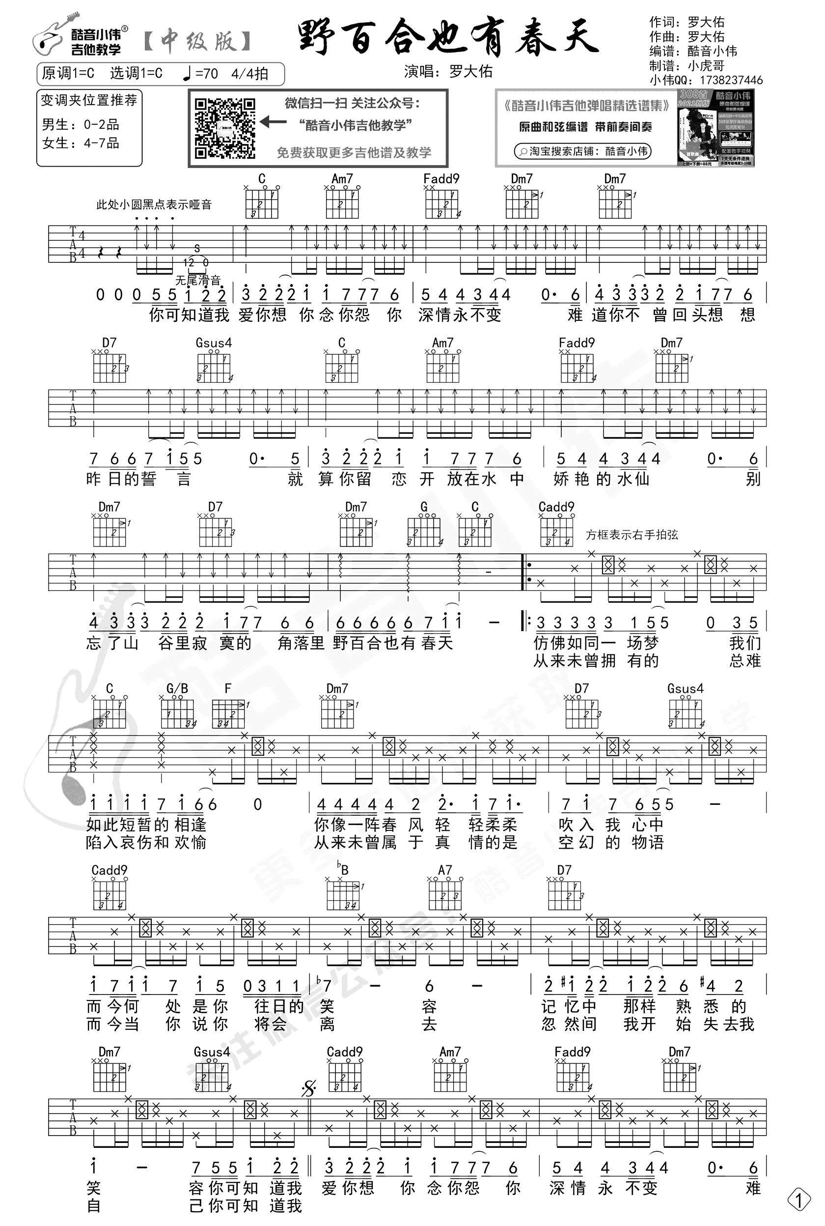 《野百合也有春天吉他谱》_罗大佑_C调_吉他图片谱2张 图1