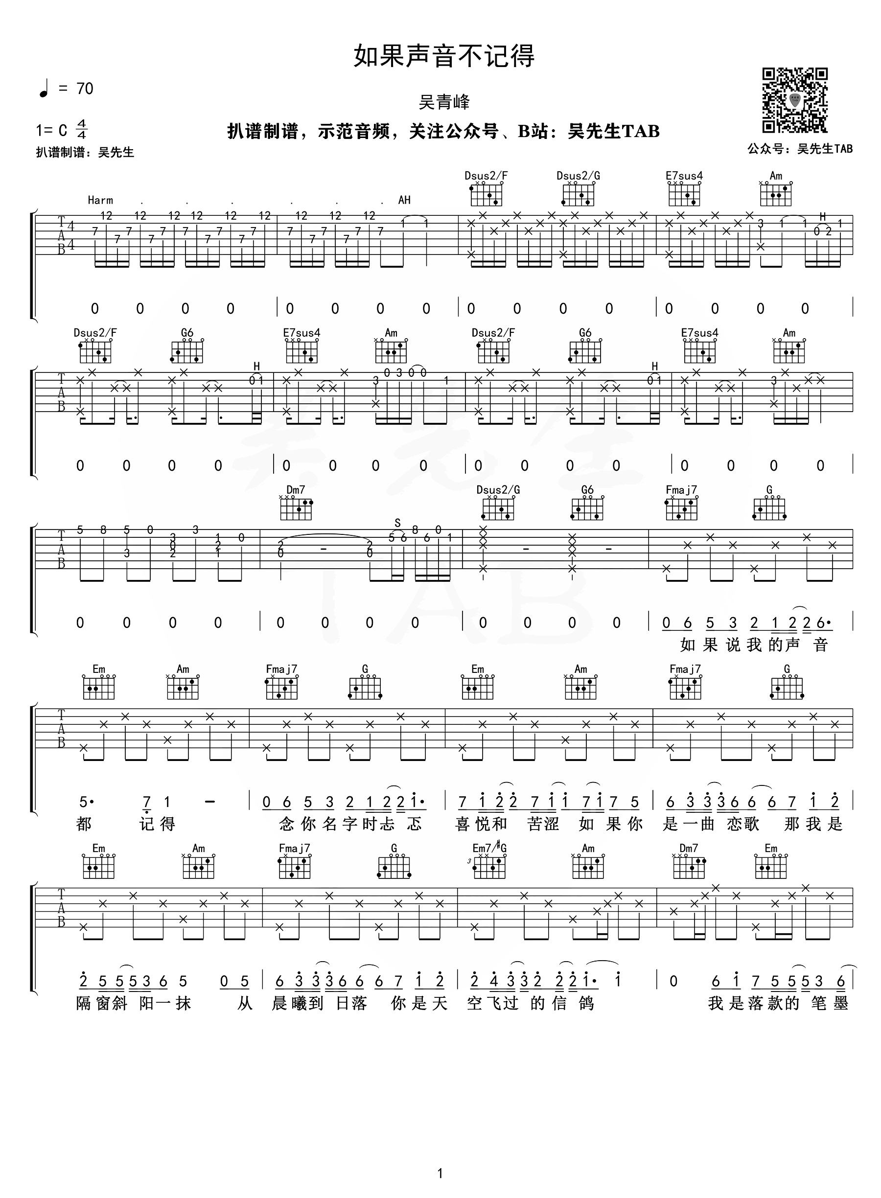《如果声音不记得吉他谱》_吴青峰_C调_吉他图片谱2张 图1