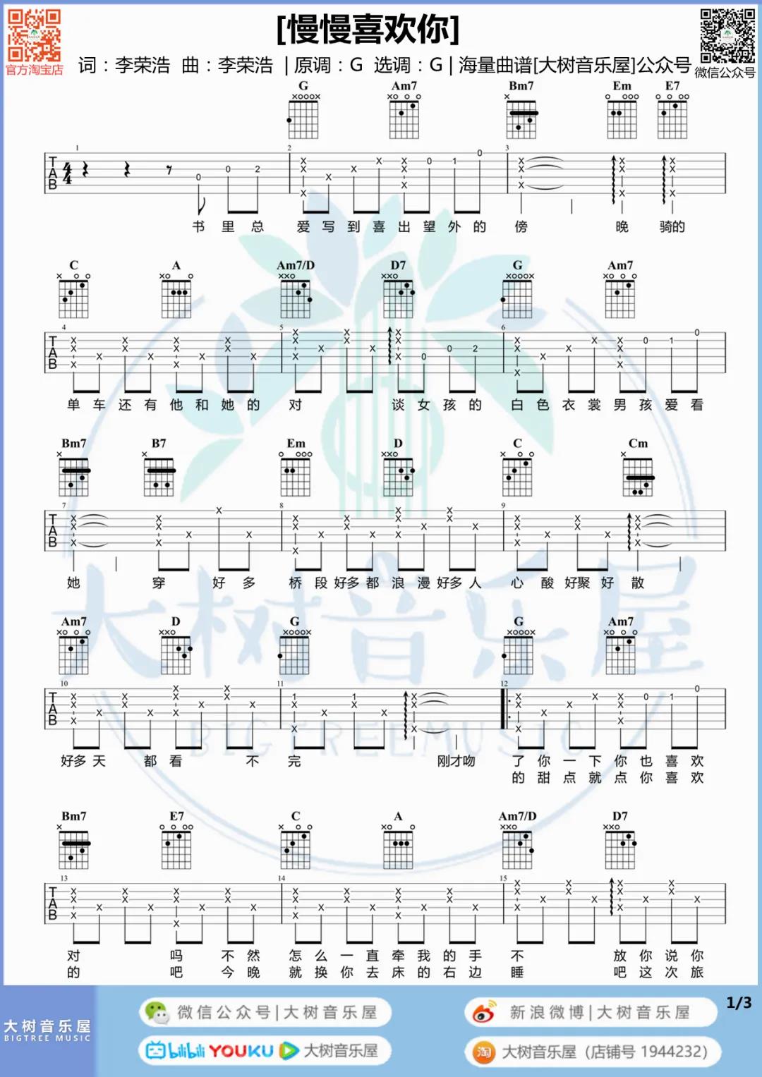《慢慢喜欢你吉他谱》_莫文蔚_G调_吉他图片谱2张 图1