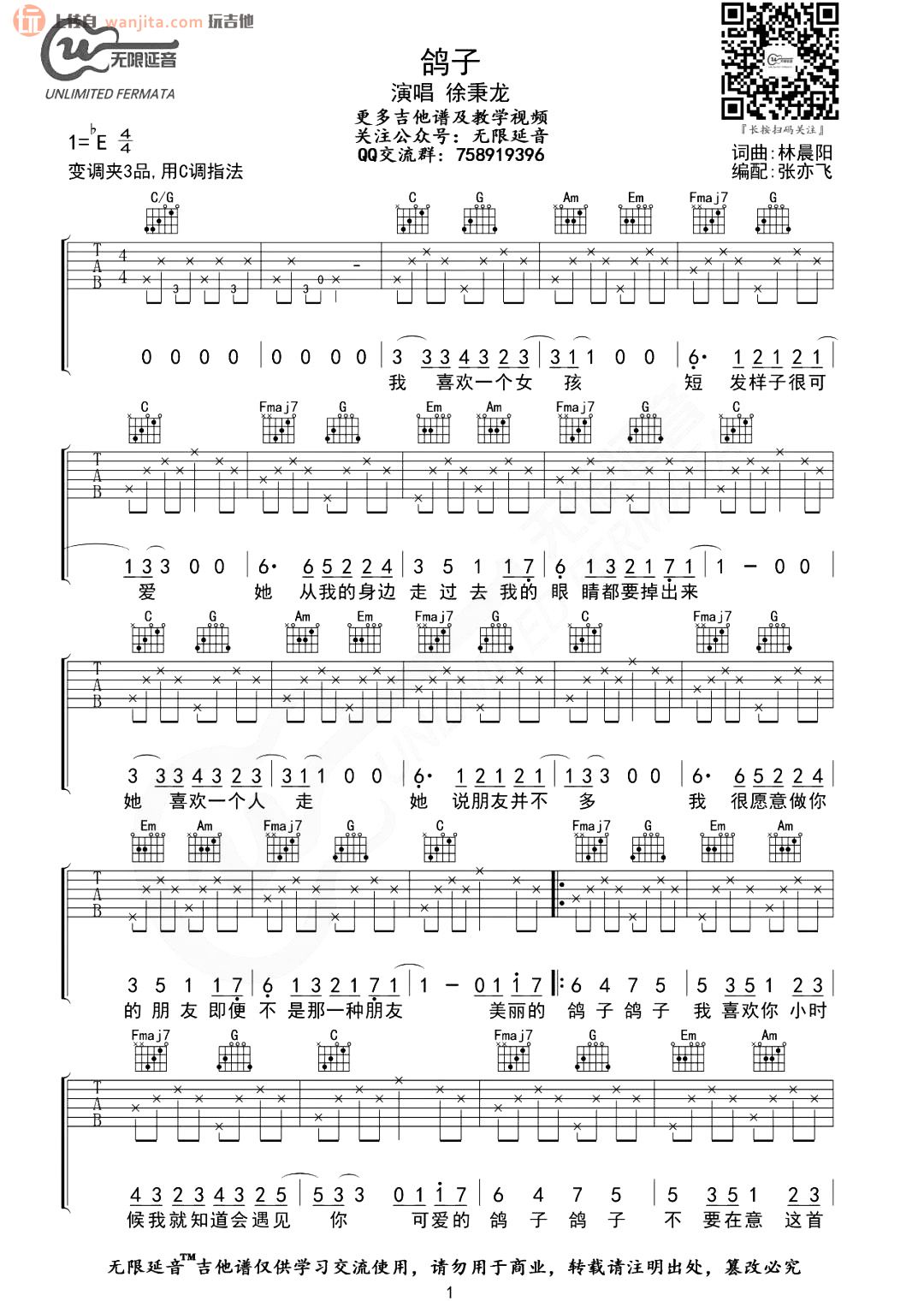 《鸽子吉他谱》_徐秉龙_C调_吉他图片谱2张 图1