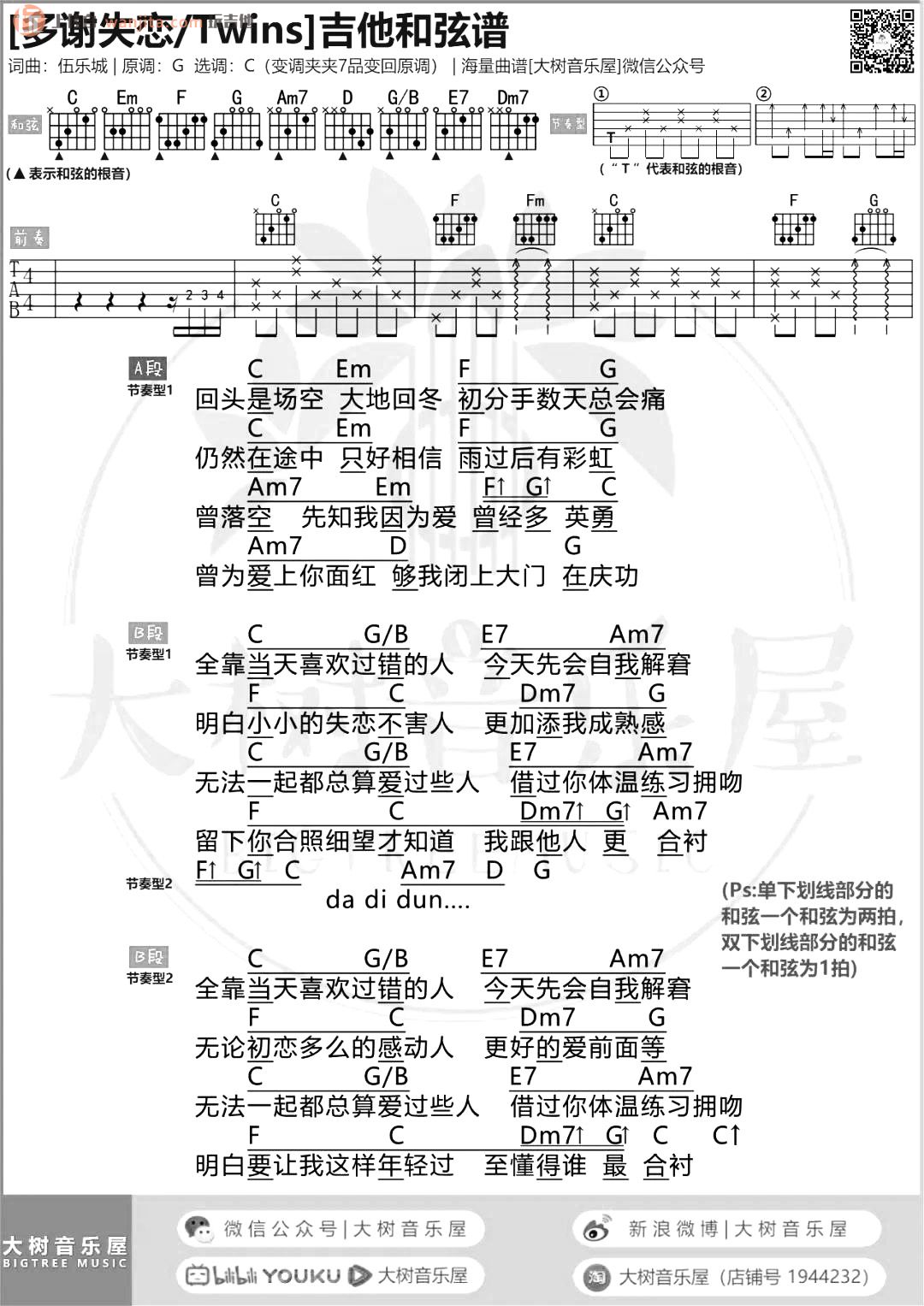 《多谢失恋吉他谱》_twins_C调_吉他图片谱1张 图1