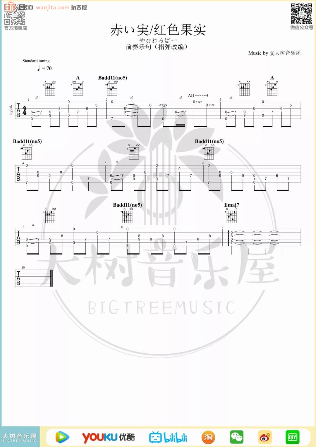 《赤い実指弹吉他谱》__未知调_吉他图片谱1张 图1