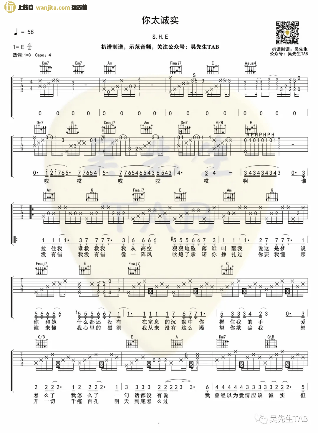 《你太诚实吉他谱》_SHE_C调_吉他图片谱2张 图1