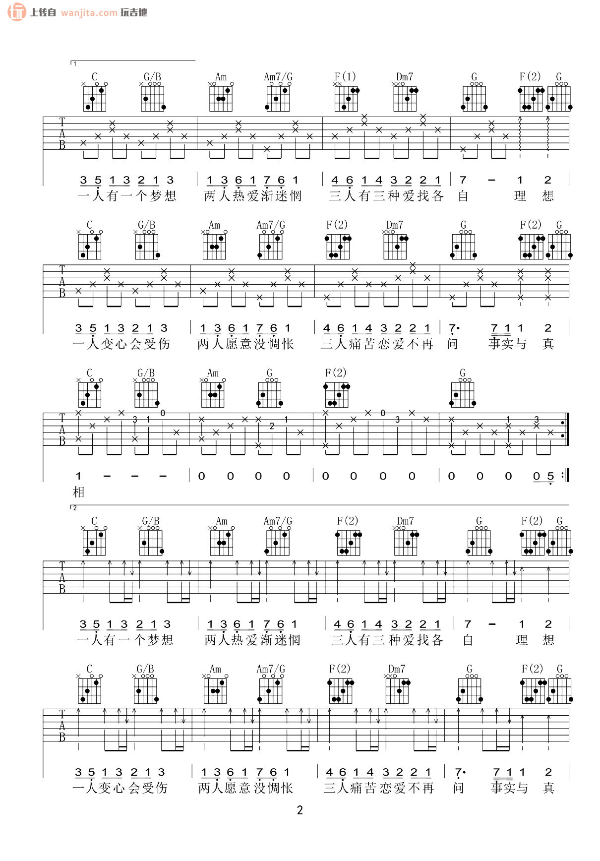 《一人有一个梦想吉他谱》__C调_吉他图片谱2张 图2