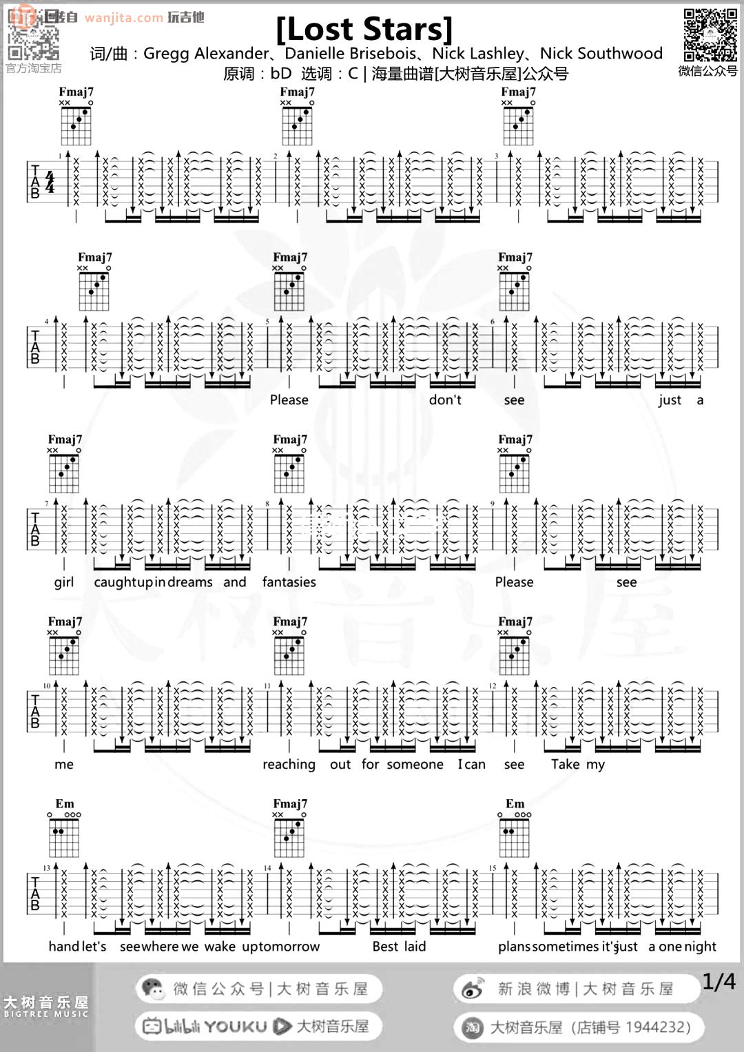 《Lost Stars吉他谱》_Lost_C调_吉他图片谱2张 图1