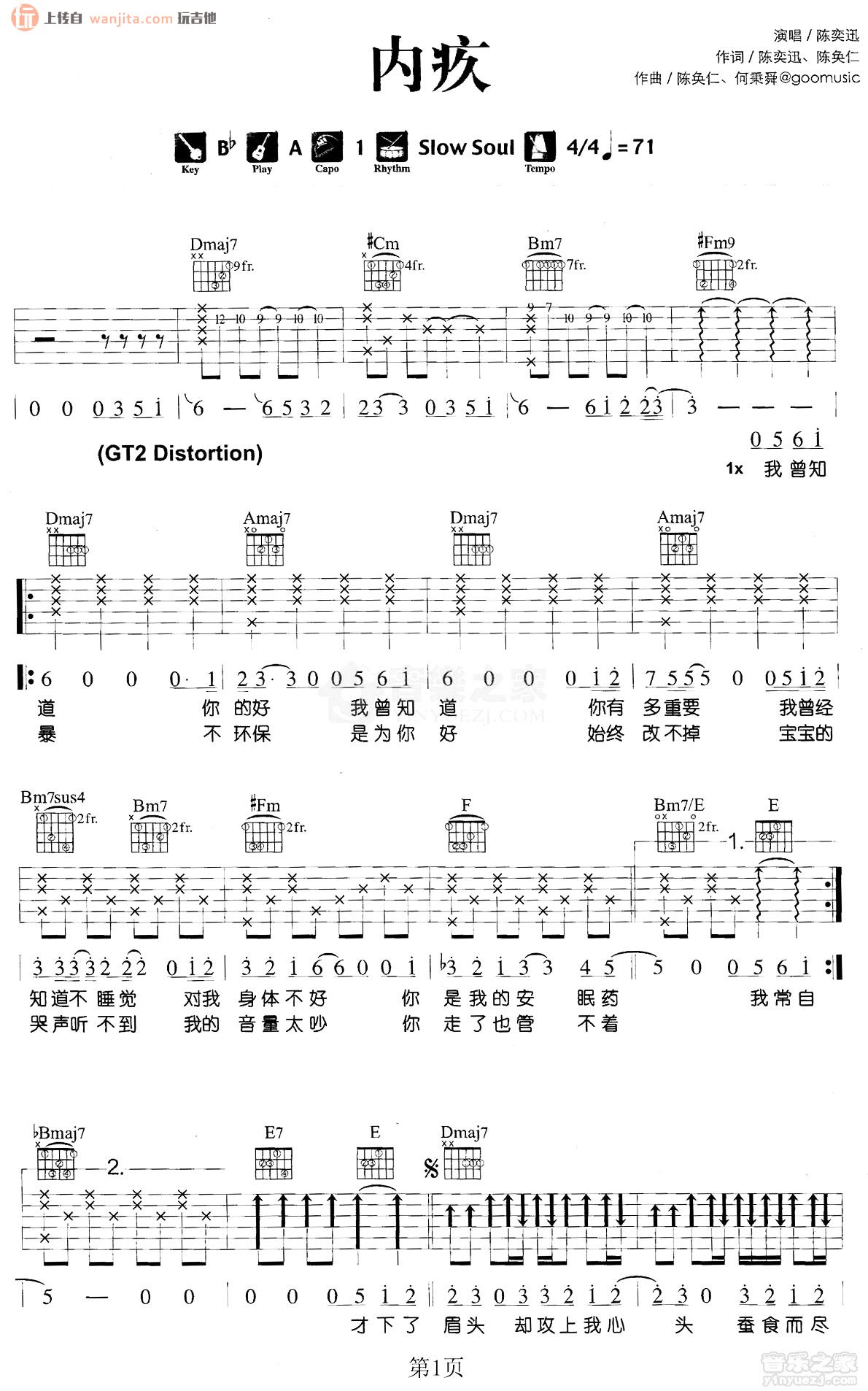 《内疚吉他谱》_陈奕迅_未知调_吉他图片谱2张 图1