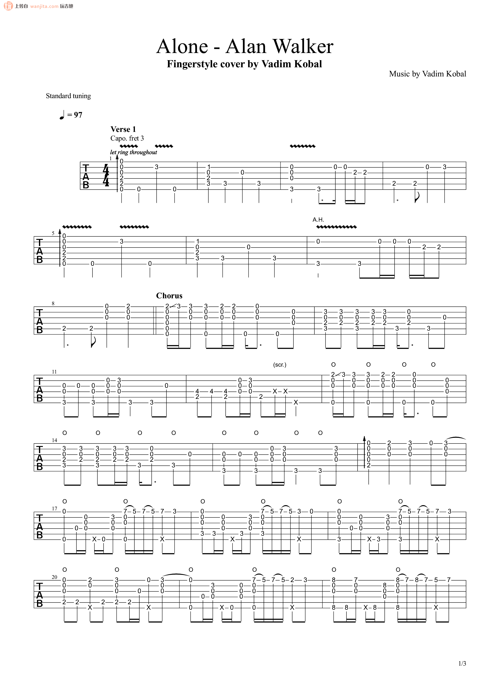 《Alone指弹吉他谱》_Alan Walker_未知调_吉他图片谱2张 图1