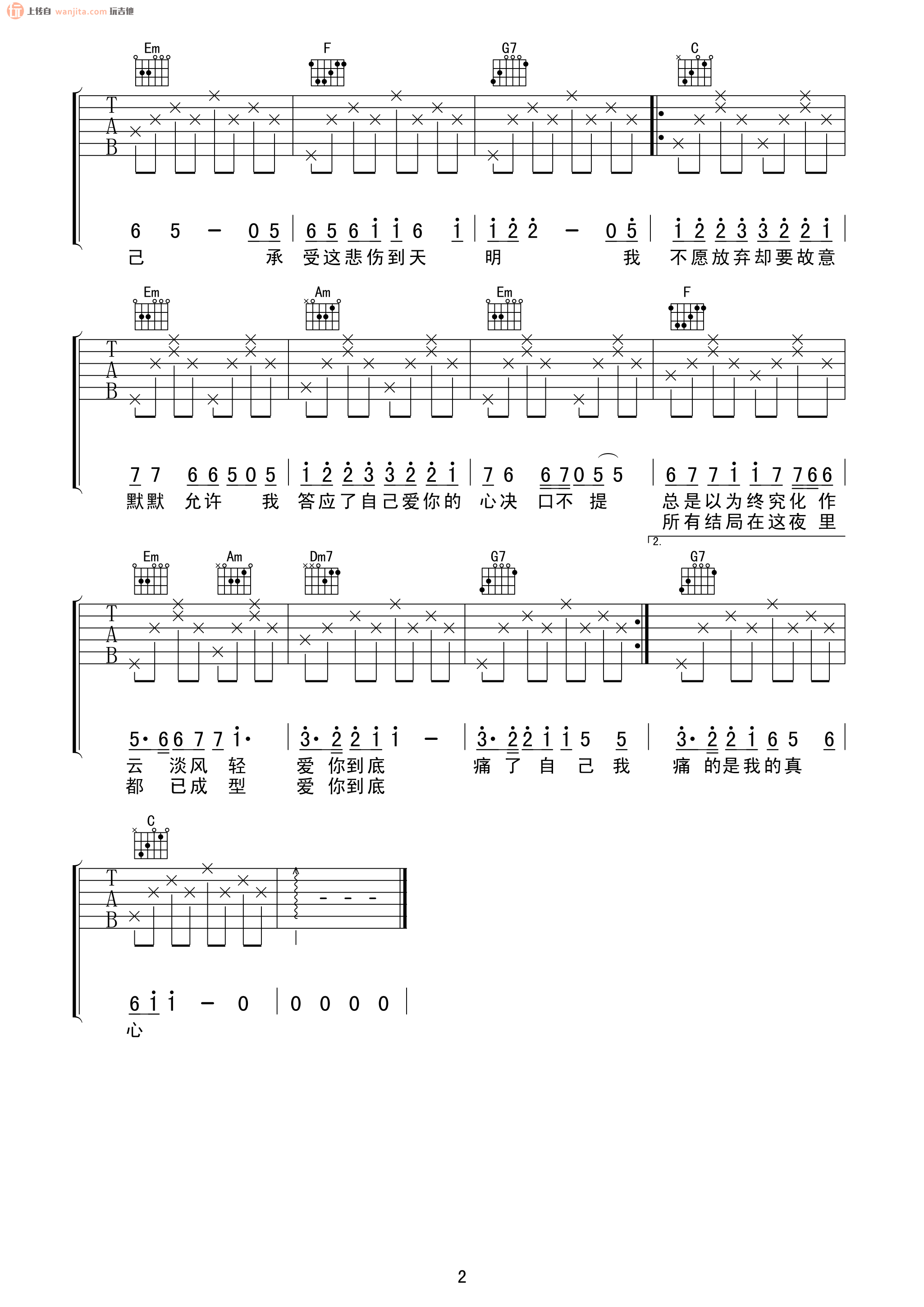 《绝口不提爱你吉他谱》_郑中基_C调_吉他图片谱2张 图2