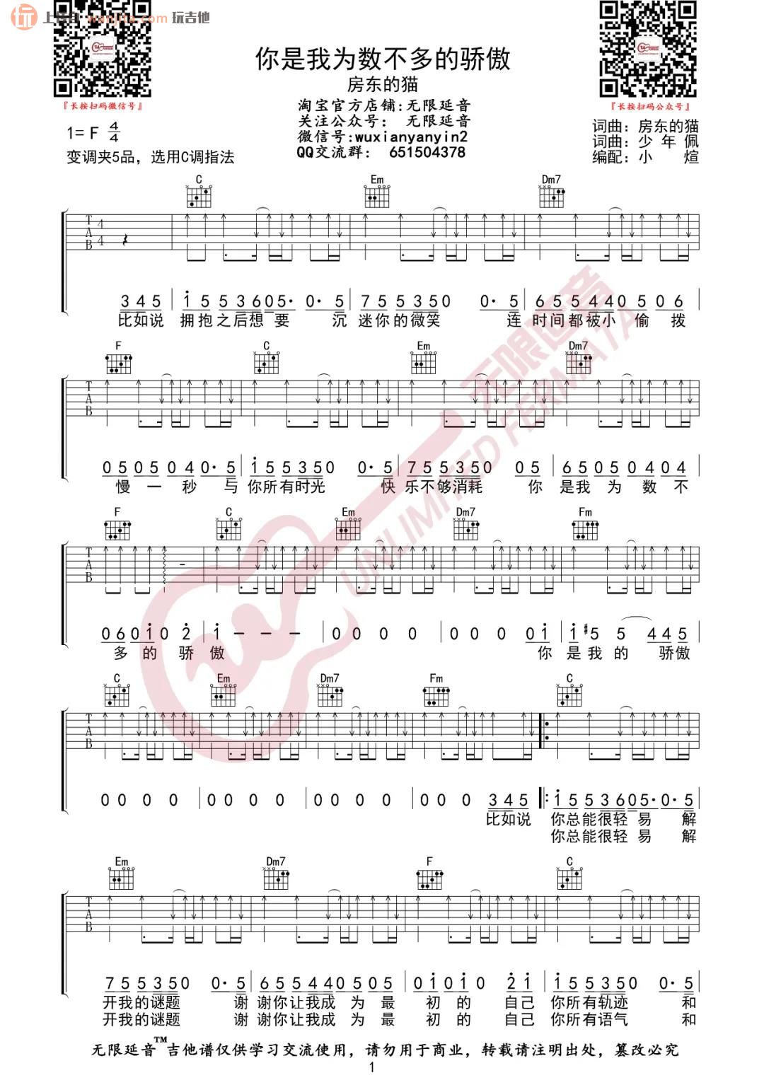 《你是我为数不多的骄傲吉他谱》_房东的猫_C调_吉他图片谱2张 图1