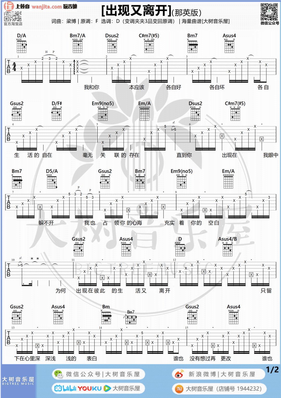 《出现又离开吉他谱》_梁博_D调_吉他图片谱2张 图1