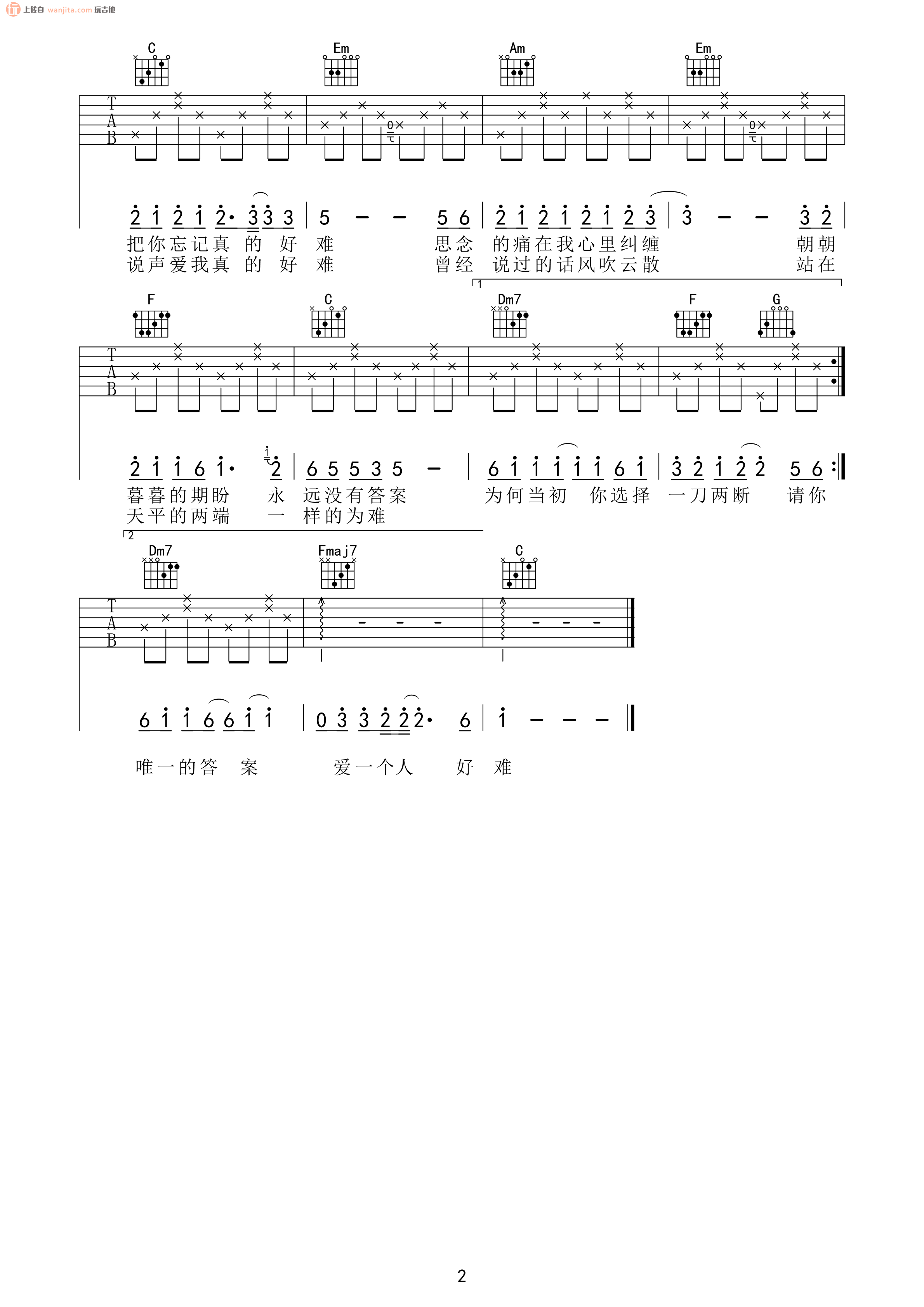 《爱一个人好难吉他谱》_苏永康_C调_吉他图片谱2张 图2