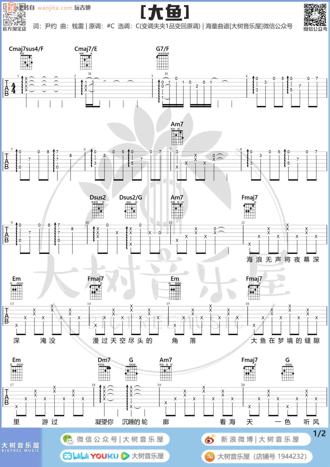 《大鱼吉他谱》_周深_C调_吉他图片谱2张 图1