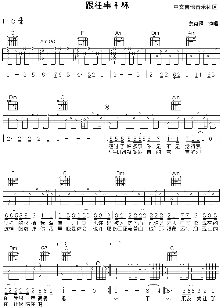 《跟往事干杯吉他谱》_姜育恒_C调_吉他图片谱2张 图1