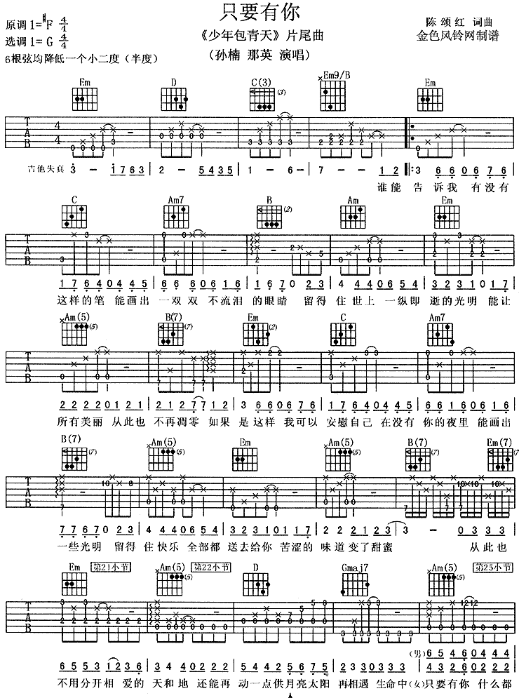 《只要有你吉他谱》_孙楠_C调_吉他图片谱2张 图1