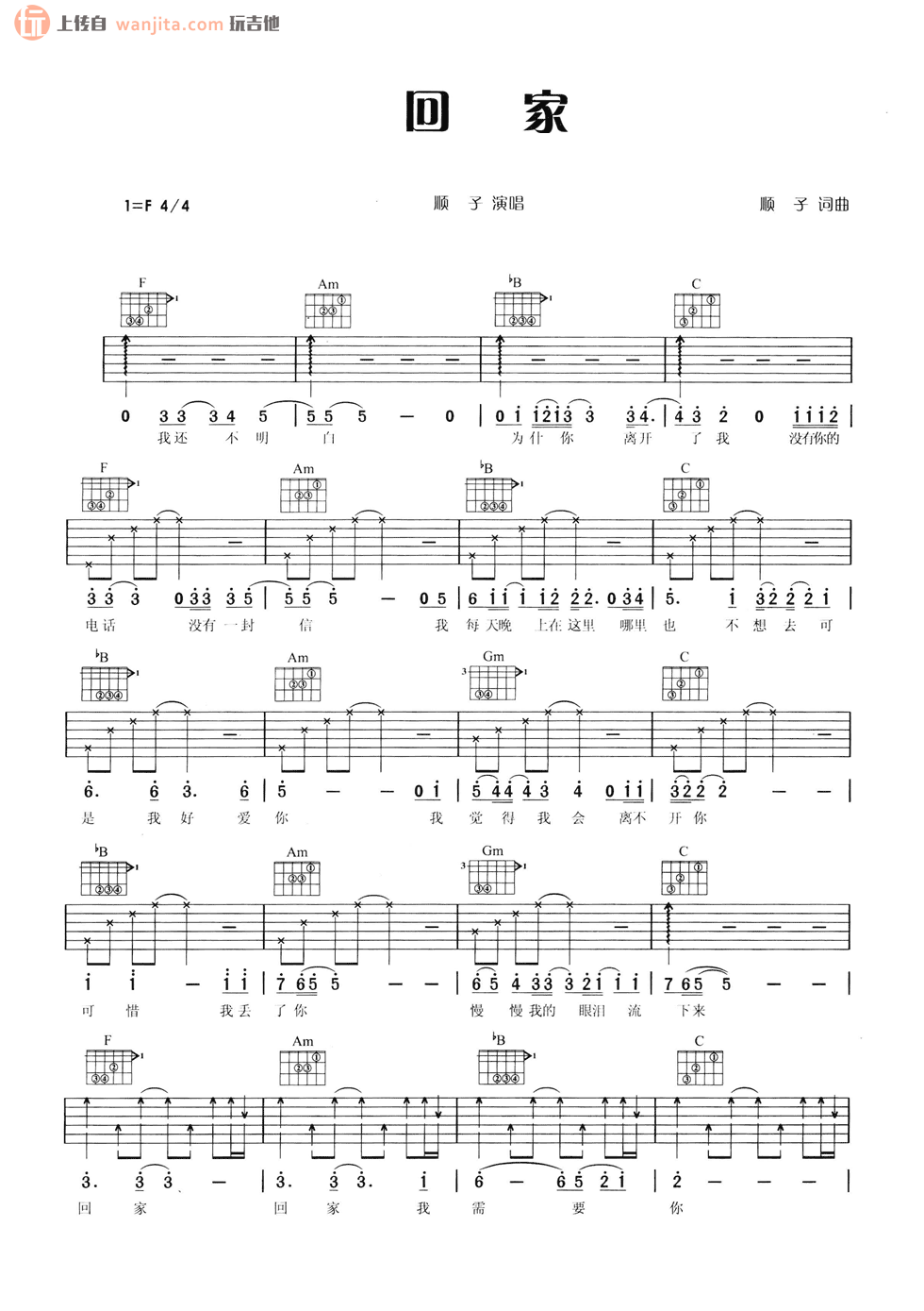 《回家吉他谱》_顺子_F调_吉他图片谱2张 图1