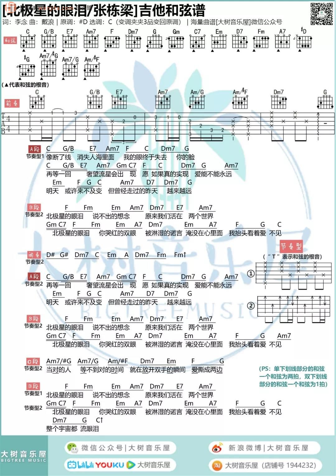 《北极星的眼泪吉他谱》_张栋梁_C调_吉他图片谱1张 图1