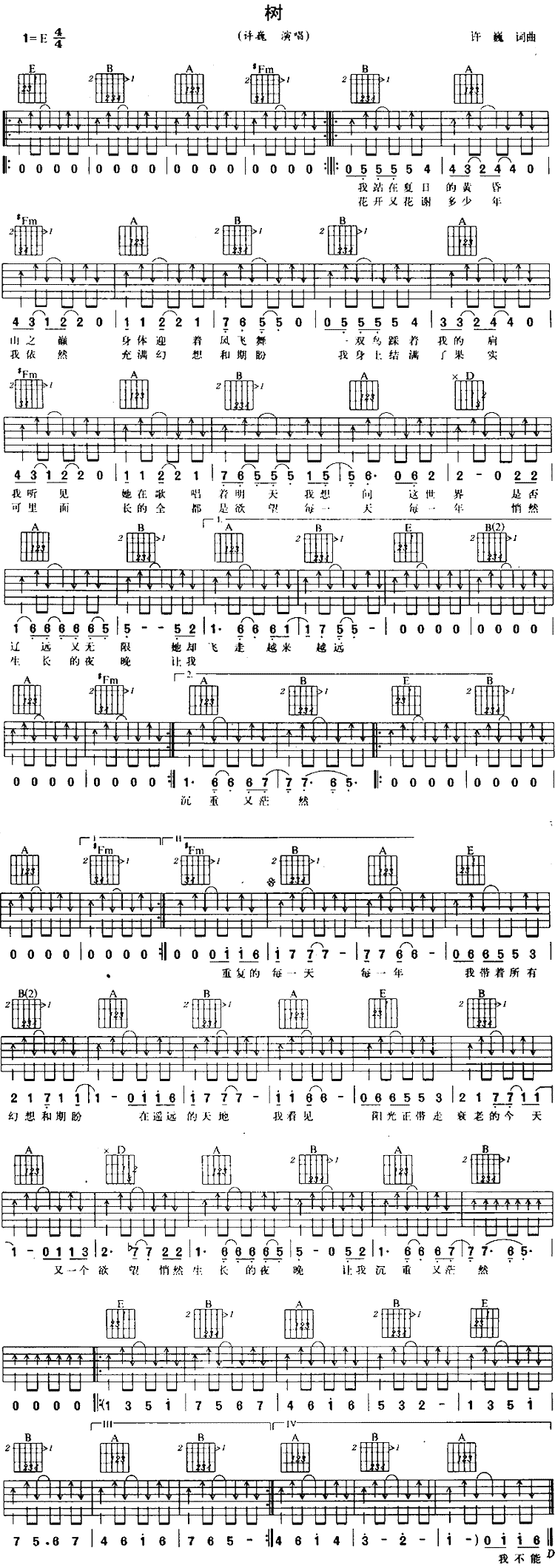 《树吉他谱》_许巍_E调_吉他图片谱1张 图1