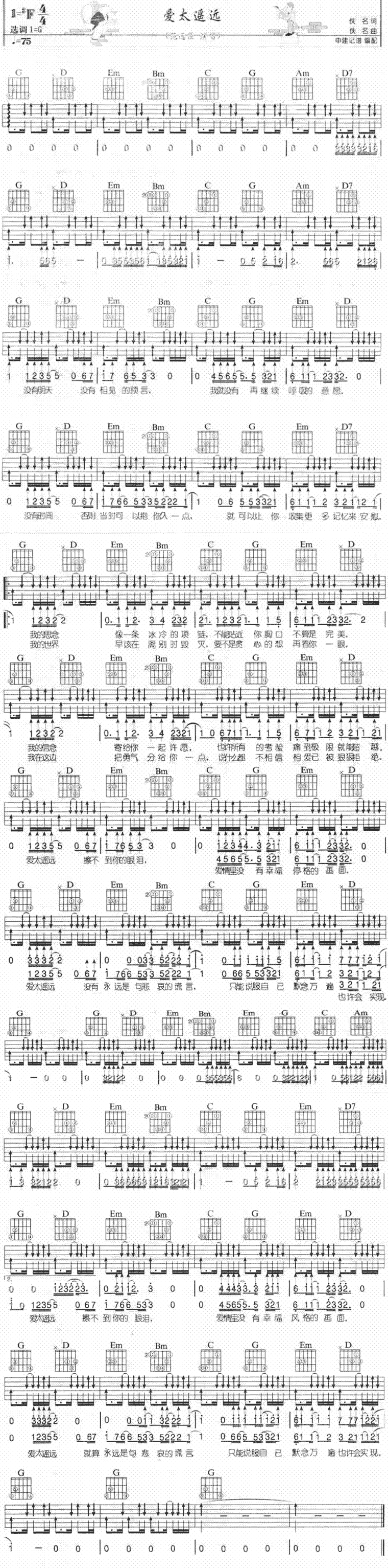 《爱太遥远吉他谱》_范逸臣_未知调_吉他图片谱1张 图1