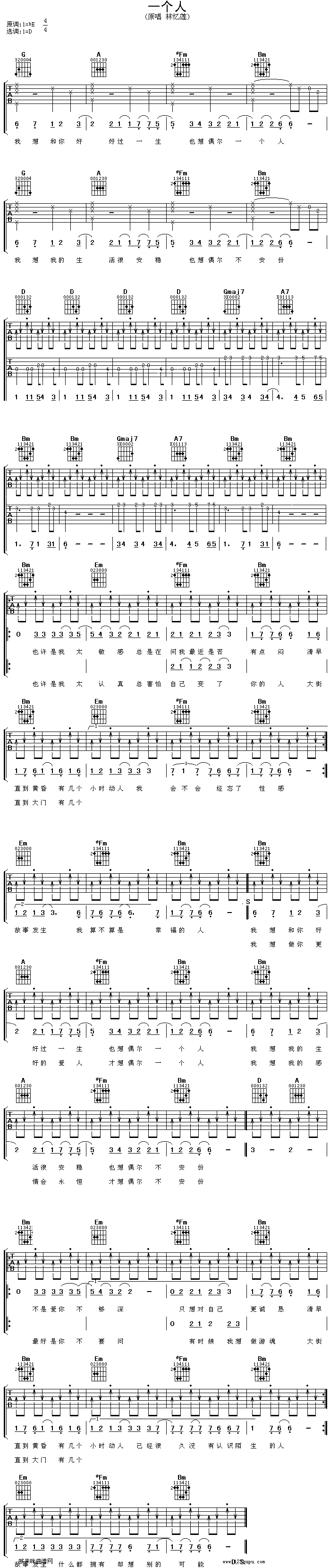 《一个人吉他谱》_林忆莲_未知调_吉他图片谱1张 图1
