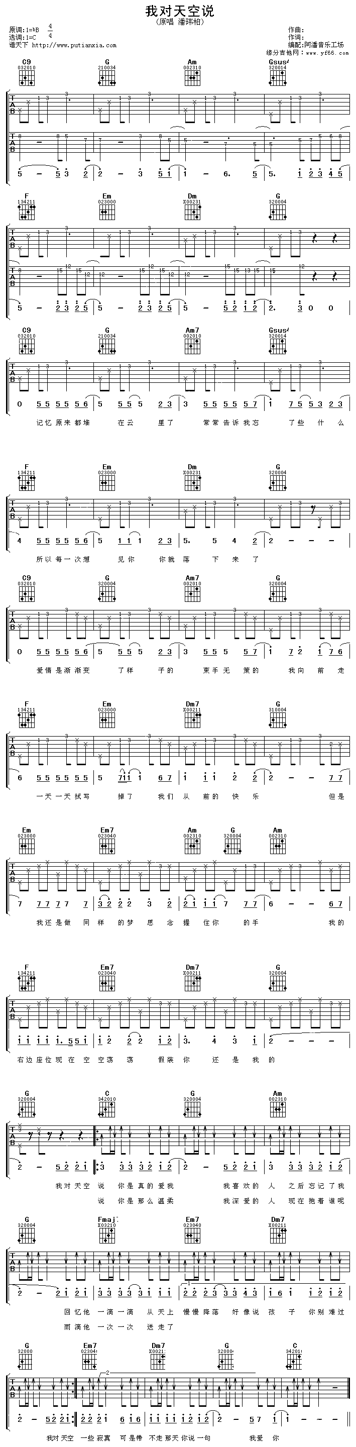 《我对天空说吉他谱》_潘玮柏_未知调_吉他图片谱1张 图1