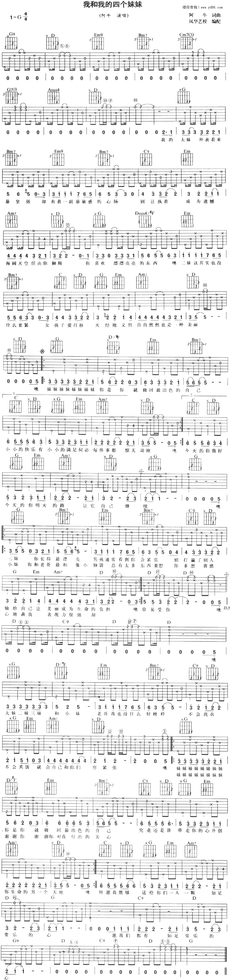 《我和我的四个妹妹吉他谱》_阿牛_未知调_吉他图片谱1张 图1