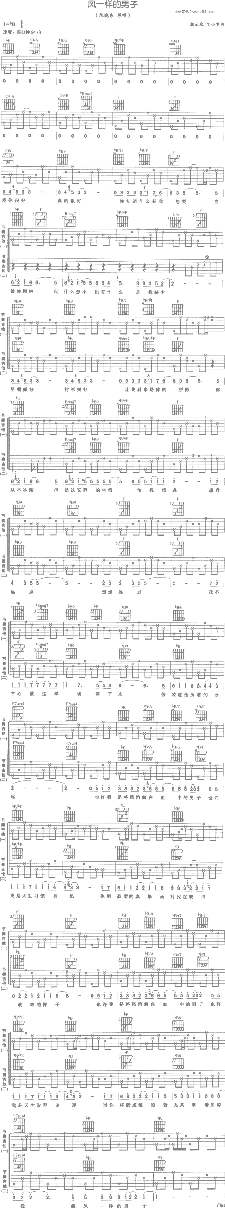 《风一样的男子吉他谱》_陈晓东_未知调_吉他图片谱1张 图1