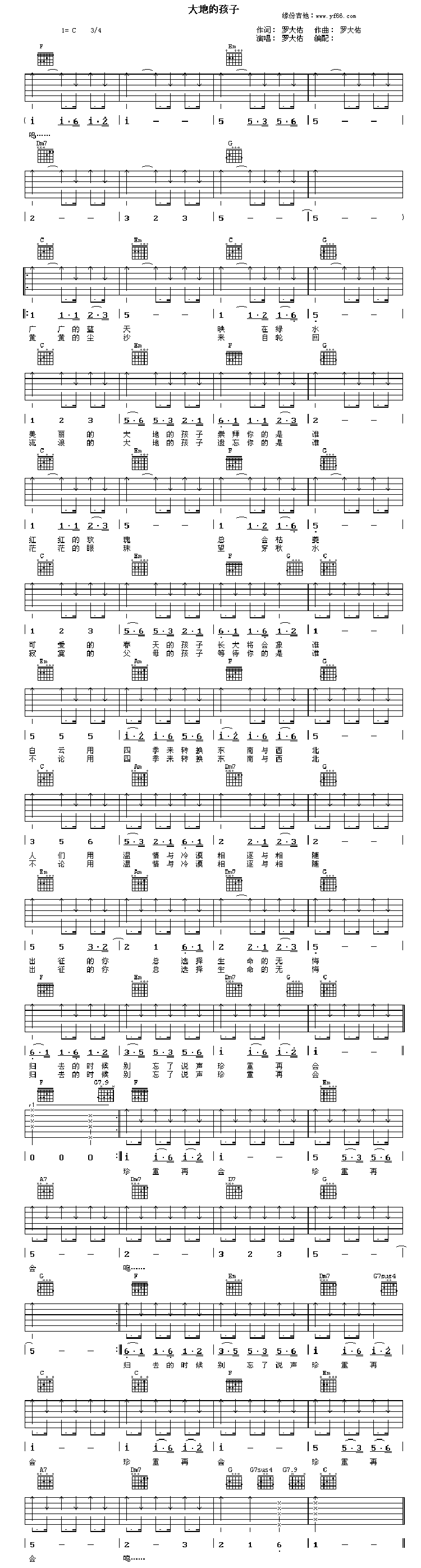 《大地的孩子吉他谱》_罗大佑_未知调_吉他图片谱1张 图1