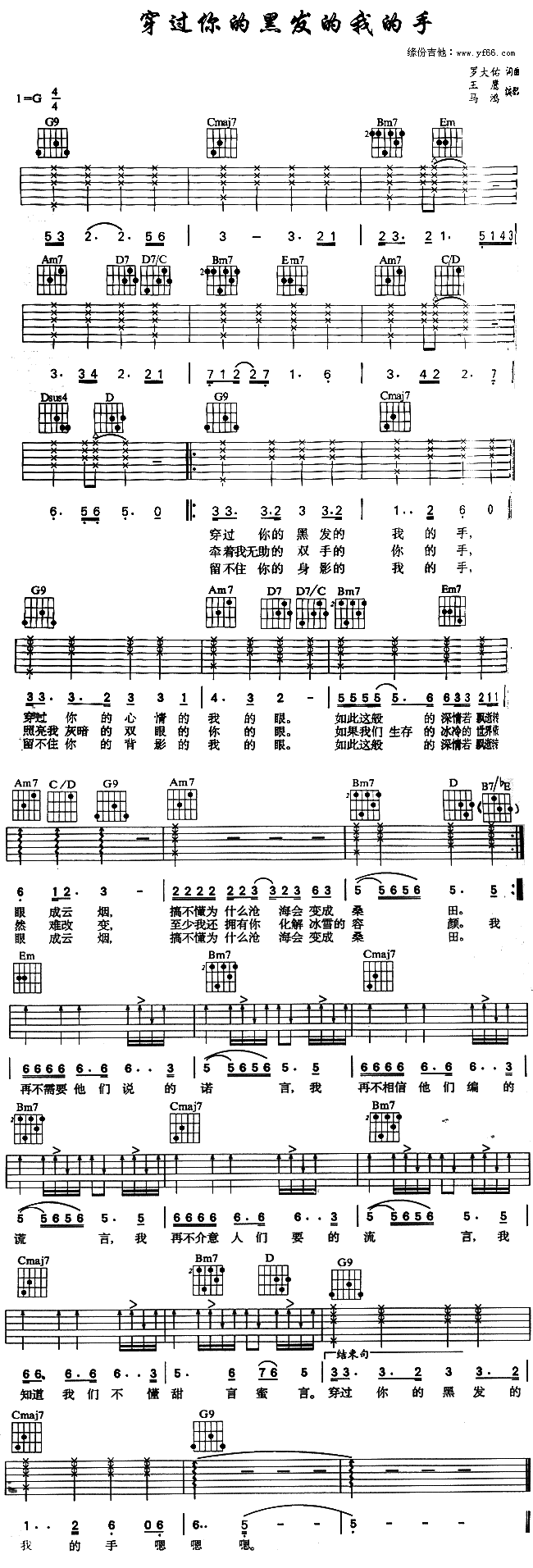 《穿过你的黑发的我的手吉他谱》_罗大佑_未知调_吉他图片谱1张 图1