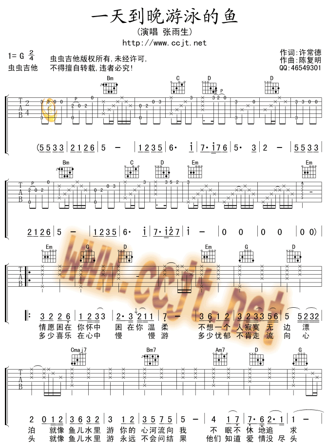 《一天到晚游泳的鱼吉他谱》_张雨生_未知调_吉他图片谱2张 图1