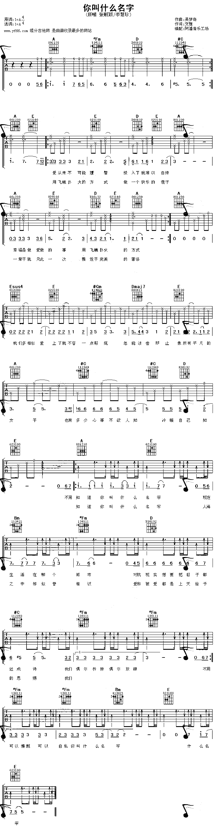 《你叫什么名字吉他谱》_张靓颖_未知调_吉他图片谱1张 图1