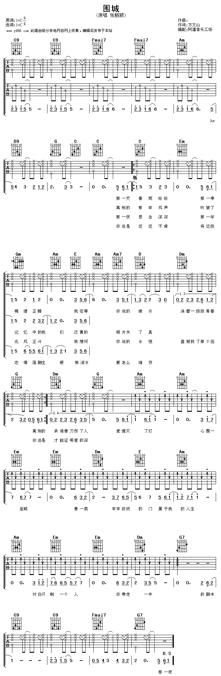 《围城吉他谱》_张靓颖_未知调_吉他图片谱1张 图1