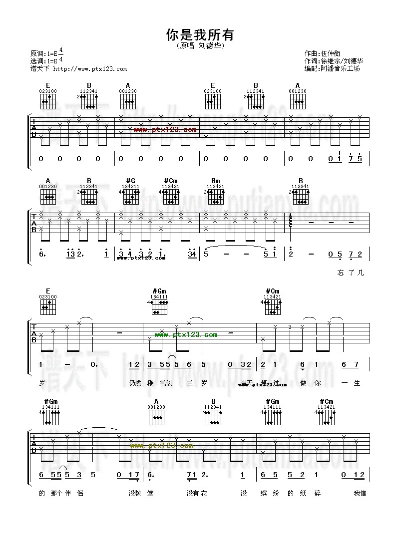 《你是我所有吉他谱》_刘德华_未知调_吉他图片谱2张 图1