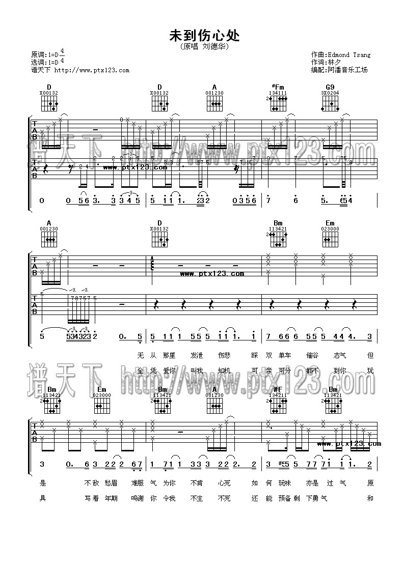 《未到伤心处吉他谱》_刘德华_未知调_吉他图片谱2张 图1