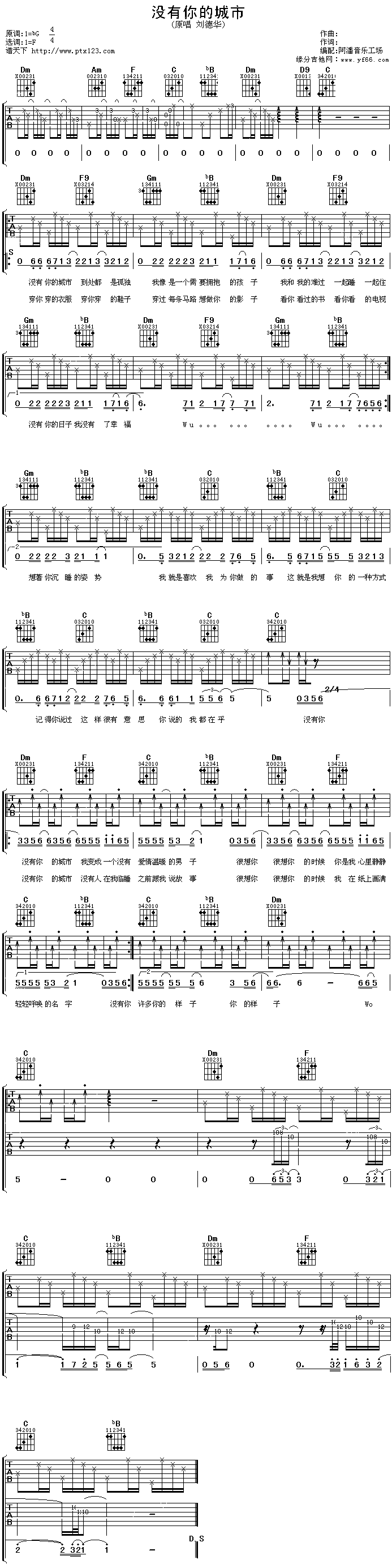 《没有你的城市吉他谱》_刘德华_未知调_吉他图片谱1张 图1
