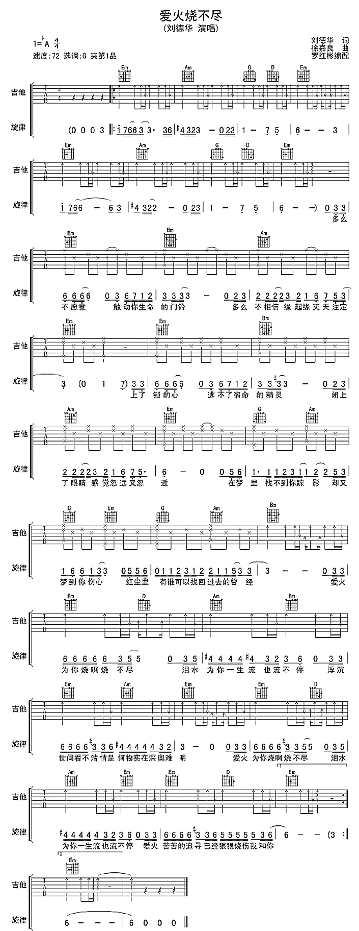 《爱火烧不尽吉他谱》_刘德华_未知调_吉他图片谱1张 图1
