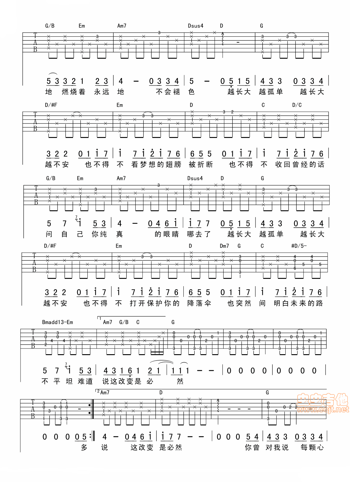 越长大越孤单吉他谱 G调入门版 高音教编配 猴哥吉他教学-曲谱网