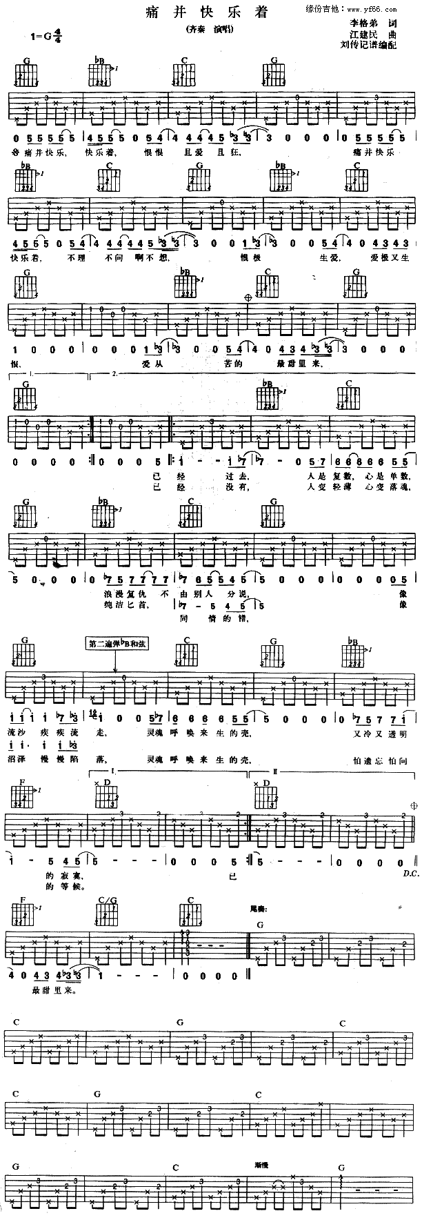 《痛并快乐着吉他谱》_齐秦_未知调_吉他图片谱1张 图1