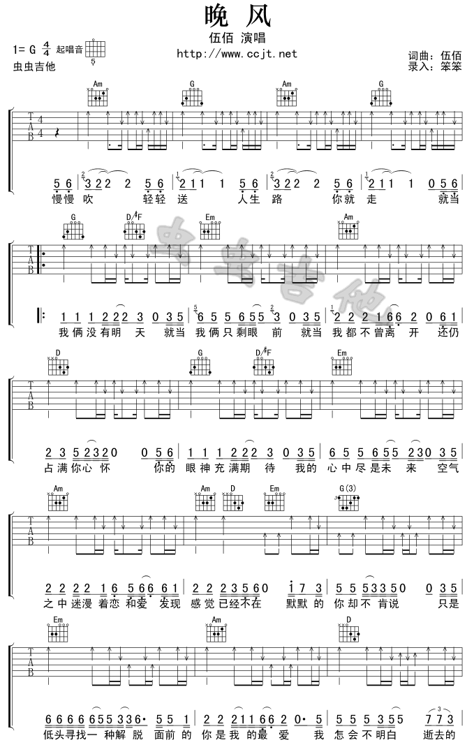 《晚风吉他谱》_伍佰_未知调_吉他图片谱2张 图1