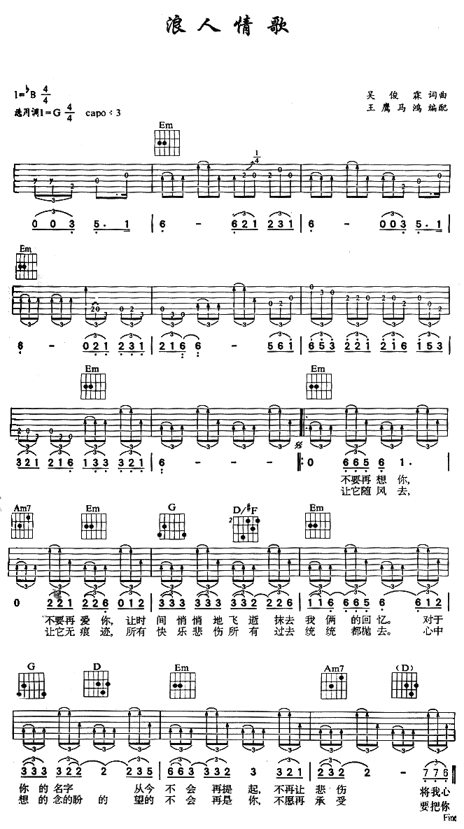 《浪人情歌吉他谱》_伍佰_未知调_吉他图片谱2张 图1