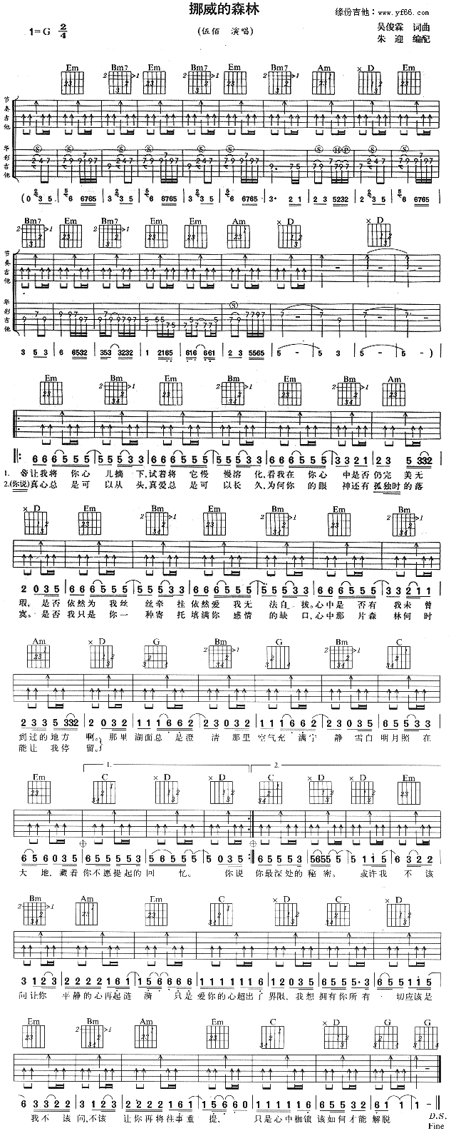 《挪威的森林吉他谱》_伍佰_G调_吉他图片谱1张 图1